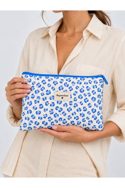 BagsMadame Blue Leopard Patterned Single Compartment Zippered Clutch Portfoli...