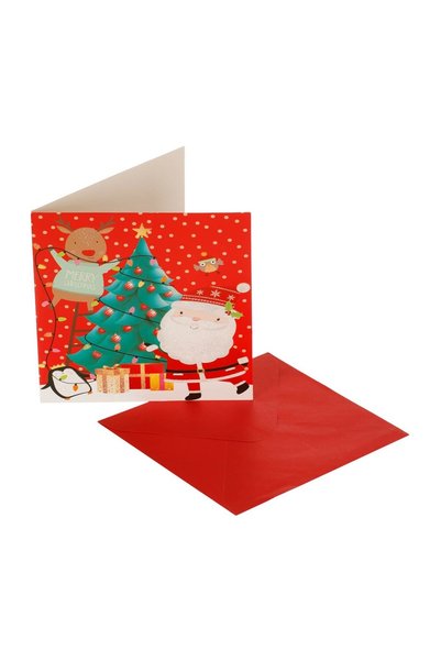 OEM Felicitare de Crăciun Roșie Moș Crăciun Cerb Brad Glitter 15x15 cm și Plic