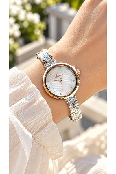 Reward Silver Clasp Steel Strap-Rose Stone Dial-Women's Wristwatch-In Stylish Box