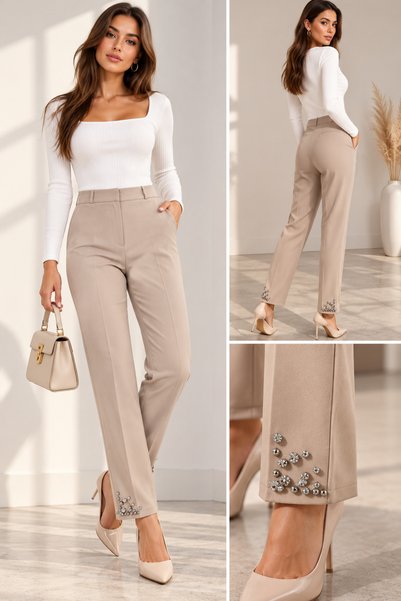 Ravello Collection Kadın Vizon Taş Detaylı Kumaş Pantolon Şık Paça İşlemeli G...