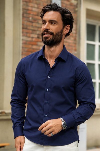 DAMGA JEANS Men's Long Sleeve Classic Collar Navy Blue Shirt
