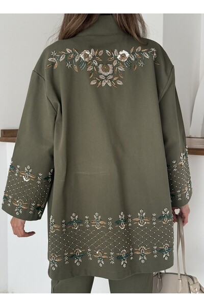 MİA NOURA Set pantaloni kimono pentru femei, cu mâneci brodate cu mărgele la ...