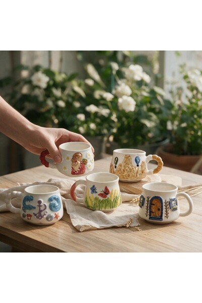 sharp&art Relief Pattern 5-Piece Ceramic Custom Mug Set, 2D 360 Degree Visual...