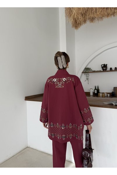 MİA NOURA Set pantaloni kimono pentru femei, cu mâneci brodate cu mărgele la ...
