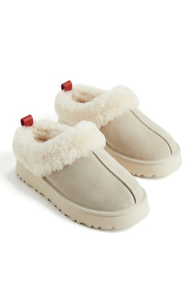 Merplush Kadın Peluş Yakalı Platform Ev Terliği Topuğu Kapalı Tüylü Panduf