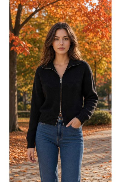 Nikitas Design Women's Black Stand Collar Double Zipper Knitwear Cardigan