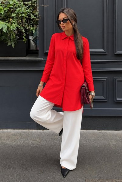 comstar Women's Collared Plain Long Seasonal Red Shirt