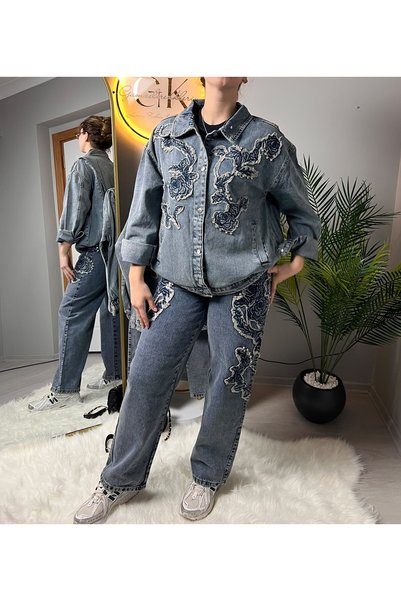 GK LUXURY & FASHION Women's Rose Garden Floral Embroidered Oversize Denim Jac...