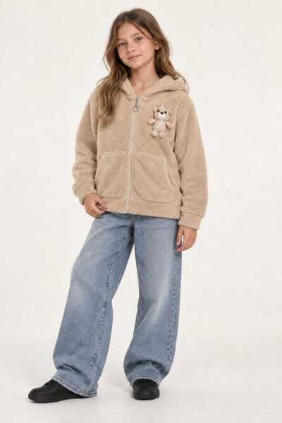 renkli diyar Girls' Plush Cardigan with Zipper and Hood