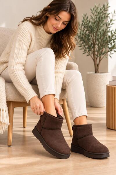 Papuçsepeti Shoe Basket 5447 Furry Mini Ankle Length Women's Suede Boots
