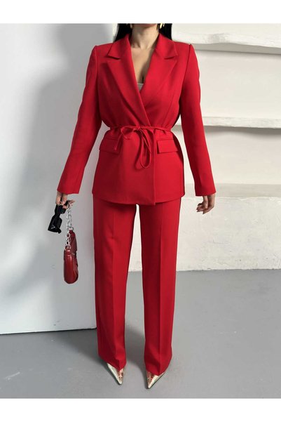MYGİYİMİSTANBUL BELDEN BAĞLAMALI BLAZER CEKET PANTOLON TAKIM ELBİSE