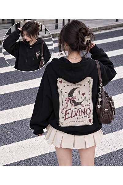 Elvino Special Design Moon Printed Hooded Sweatshirt for Women