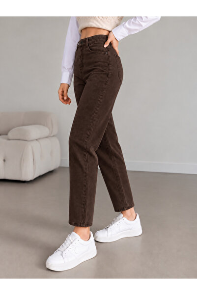 geenz manifacture Bitter Brown Color Women's High Waist Mom Jean Denim Trousers Flexible Comfortable Fit