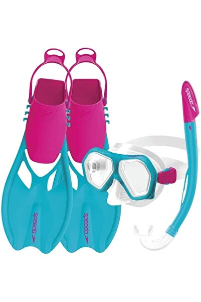 SPEEDO طقم قناع غطس للصغار بعدستين وأنبوب تنفس وزعانف، لون أكوا سبلاش/وردي فاتح