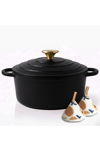 HAGE Oala din fonta emailata 5 L cu capac, negru-mat, 26 cm –