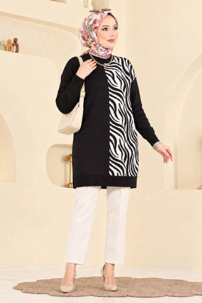 Genel Markalar KADIN ZEBRA DESENLİ BİSİKLET YAKA UZUN TRİKO TUNİK