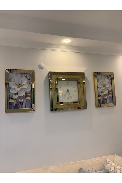 GOLD SİMLİ AYNALI SAAT İKİ ADET TABLO 3LÜ SET 40x60CM TABLO 60X60CM SAAT RENK BRONZ