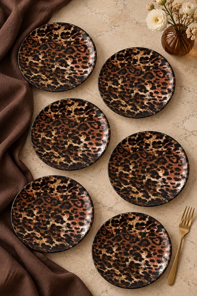Sırvenis 6’lı Leopar Desenli Pasta ve Tatlı Tabağı Seti 20 cm