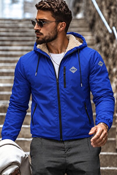 comstar Men's Hooded Zippered Sleeved Sports Winter S.Blue Fur Raincoat