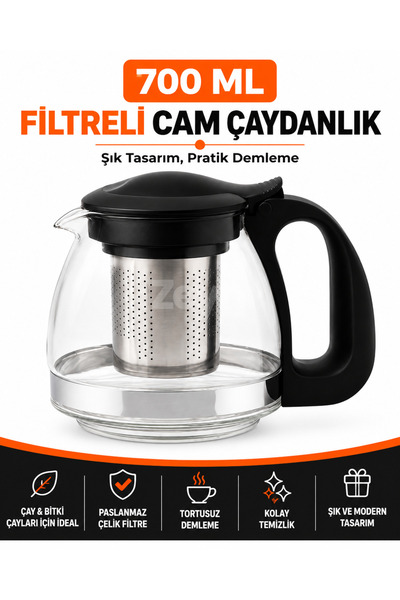 Zeyn Gross 700 ML Filtreli Cam Çaydanlık – Paslanmaz Çelik Süzgeçli, Siyah Ka...