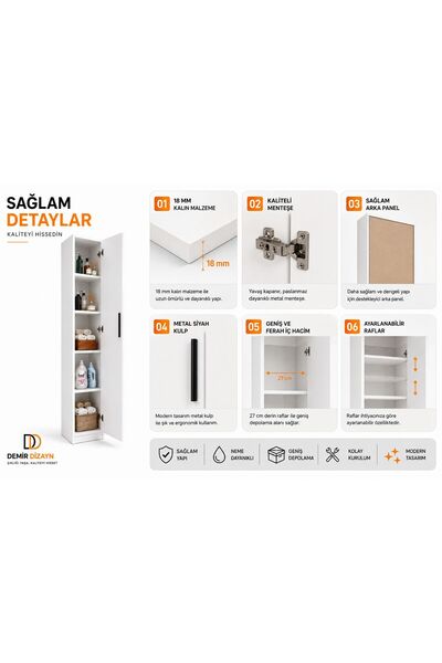DEMİR DİZAYN Çok Amaçlı İnce Boy Dolabı BEYAZ Kapaklı Raflı Dolap 160X30