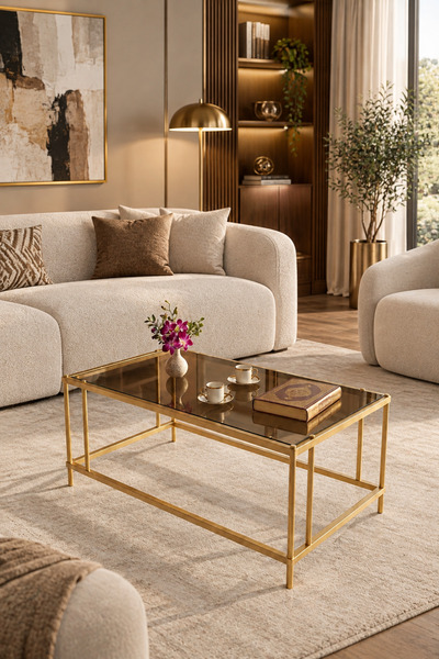 SEVİNÇ KONSEPT Elit GOLD Orta Sehpa BRONZ Camlı 54 x 94 CM, Yükseklik 50 cm M...
