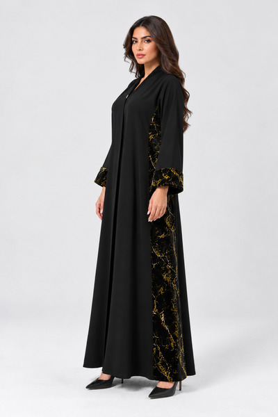 RİVER Abaya with Ceramic Crepe Fabric and Embossed Velvet