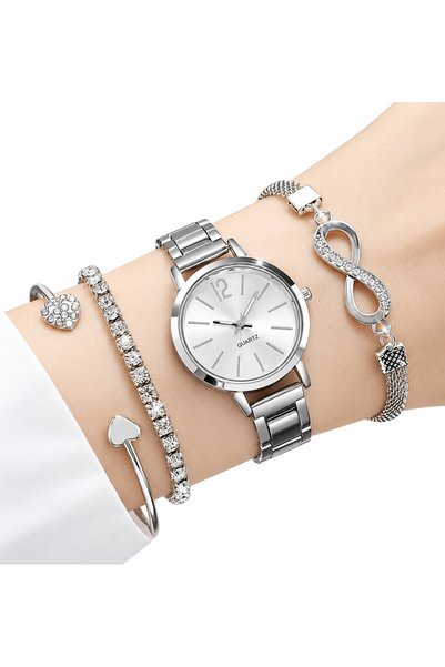 Nevara Women's Silver 4 Piece Set - Stylish Watch with 3 Bracelets Featuring ...