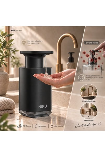 Niru Dozator automat săpun lichid ProClean™, senzor fără atingere, 450 ml, USB-C, IPX5, Negru