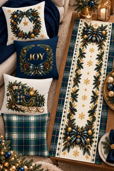 Bertille Home Christmas Series 4-Piece Throw Pillow Cover + 1 Runner Set Digi...