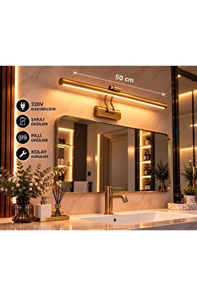 FKLIGHT 50 CM Tablo/Ayna/Banyo Ledli Elektrikli Flüt Aplik 3000K Günışığı Gol...