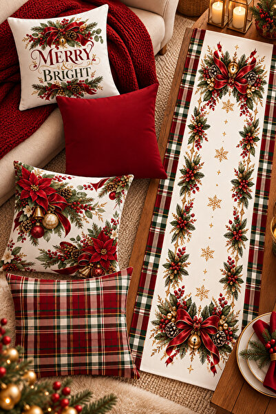 Bertille Home Christmas Series 4-Piece Throw Pillow Cover + 1 Runner Set Digi...