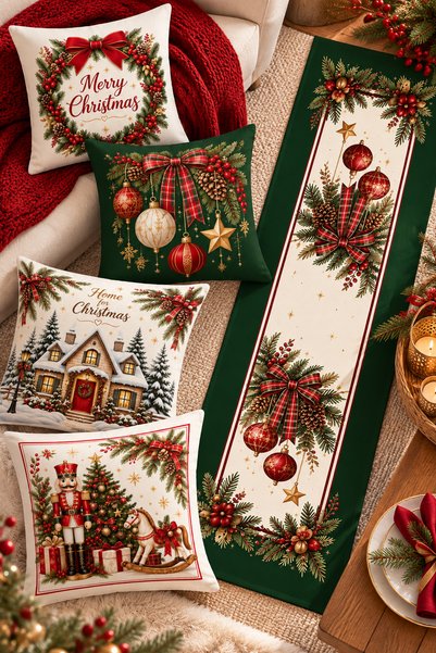 Bertille Home Christmas Series 4-Piece Throw Pillow Cover + 1 Runner Set Digi...