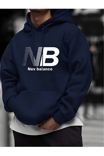 HAI COLLECTİON Unisex Oversize Hooded Sweatshirt Navy Blue Printed 100% Cotton