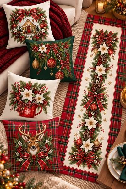 Bertille Home Christmas Series 4-Piece Throw Pillow Cover + 1 Runner Set Digi...