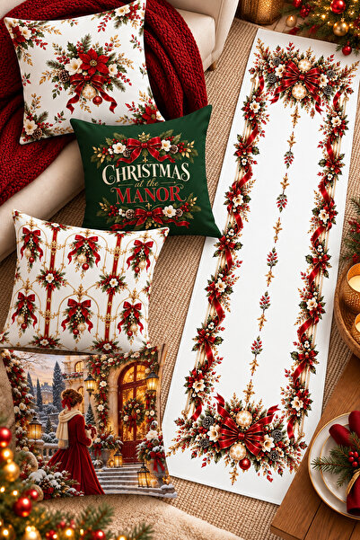 Bertille Home Christmas Series 4-Piece Throw Pillow Cover + 1 Runner Set Digi...