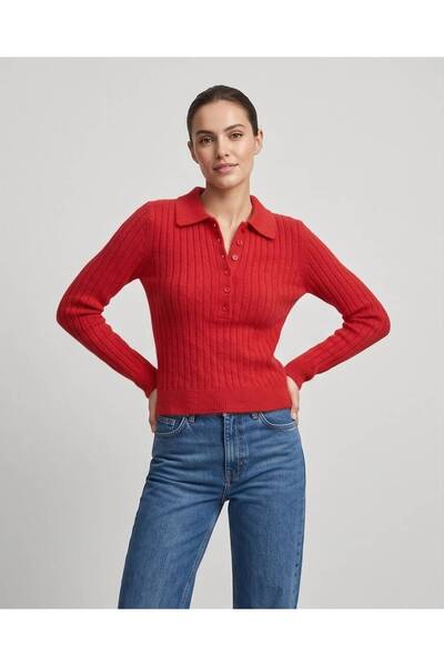 Trend Kapında Pulover tricotat cu model, cu guler polo și nasturi, pentru femei