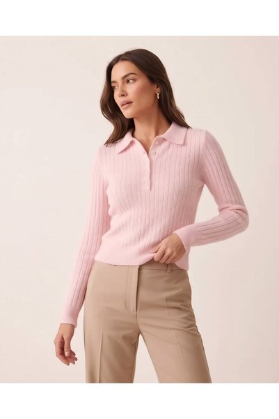 Trend Kapında Women's Polo Collar Buttoned Knitted Patterned Sweater