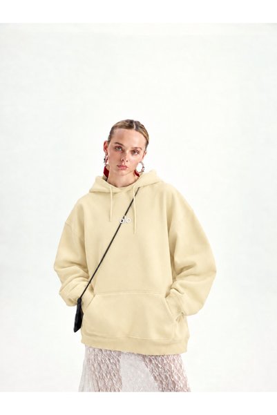 HAI COLLECTİON Unisex Hooded Sweatshirt Oversize Beige 3 Thread Compact Fabri...