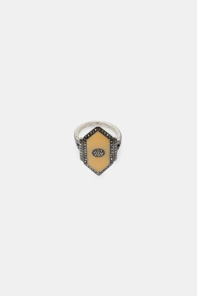stravis Vintage Silver Color Cream Stone Geometric Design Marcasite Look Ring