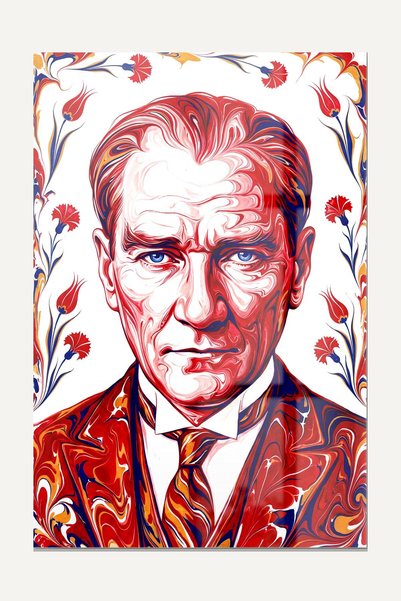 Atatürk Ebru Sanatı Portre Lale Motifli Temperli