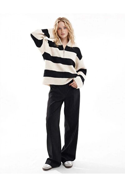 PIECES Pulover oversize dungi alb-negru cu fermoar - MB30505