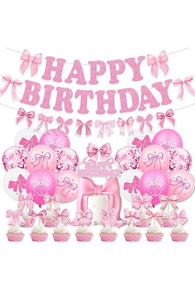 GENERAL Glitter Pink Bow Happy Birthday Banner Pre-Strung Coquette Birthday D...
