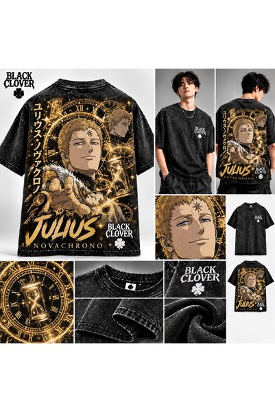 vorena تي شيرت أسود برقبة دائرية مطبوع من الخلف من Black Clover Julius Novach...