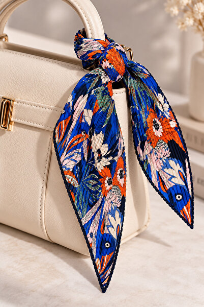 FEG STORE Blue Brick Color Floral Patterned Diamond Cut Pleated Neck Scarf - Combination and Bag Accessory 40 X 60 cm