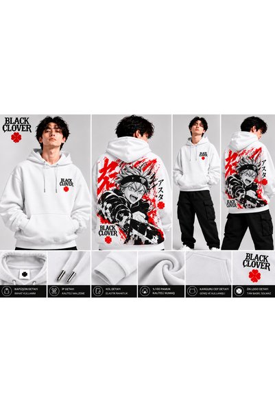 classy moda Black Clover Asta Red Manga Back Print Oversized Hooded White Swe...