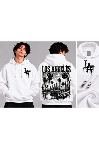 classy moda Los Angeles California Back Printed Oversize Hooded White Sweatsh...