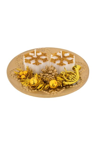 OEM Platou Decorativ cu 2 Lumânări Aurii Fulgi 13 cm – Atmosferă Caldă de Săr...