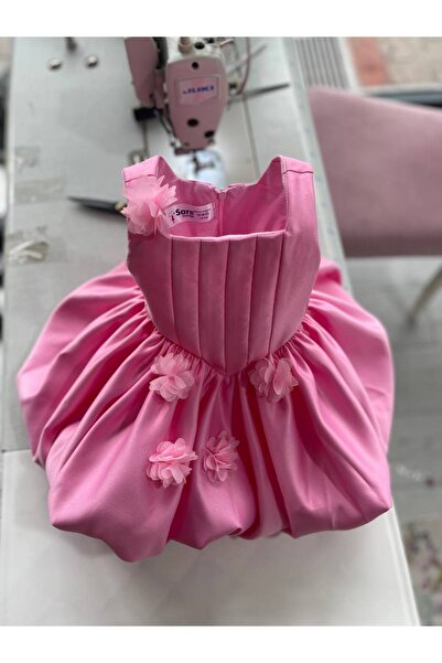 Sare Çocuk Giyim Pink Balloon Model Birthday Dress with Floral Appliqué Detail