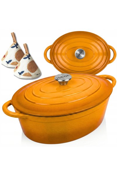 HAGE Oala / vas oval din fonta emailata (roaster) 6 L, galben mustar 34 cm –